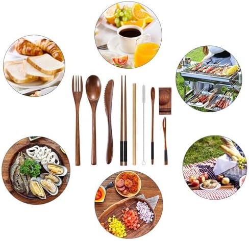 Wooden Utensil Flatware Set Reusable Utensils Travel Cutlery Set for Eating with Case, 10 Pcs Wooden Spoon and Fork Set Bamboo Flatware Set - Image 7