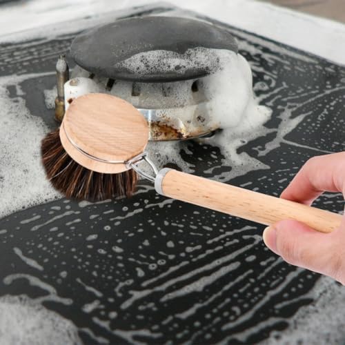 Bamboo Dish Brush with Handle, Wooden Handle with 3 Natural Bristle Heads, Natural Wood Dish Scrub Brush for Washing and Cleaning Pots and Pans - Image 5