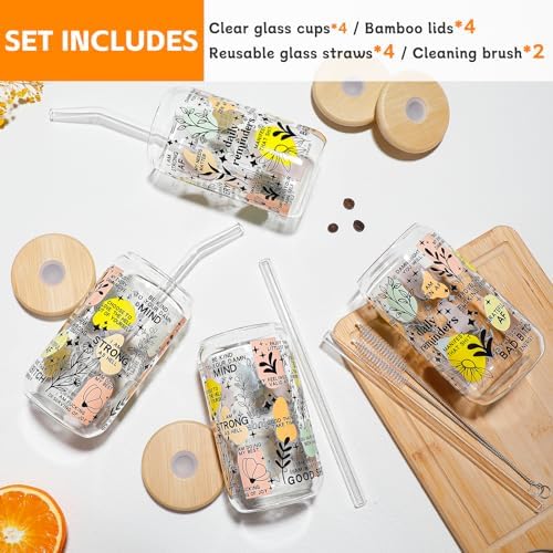 DWTS DANWEITESI Glass Cups with Lids and Straws with Design 4 pcs（Daily Reminder）,Clear Glass Cups 16 oz-Glass Tumbler,Cute Design Glass Iced Coffee Cups Mental Health Positive 480ml - Image 4