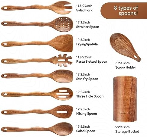 Kitchen 10PCS Teak Wooden Utensils Set With Holder and Spoon Rest - Image 3