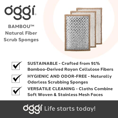 OGGI Bambou Odor-Free Scrubbing Sponges - Natural Scrub Sponges for Dishes, 91% Bamboo-Derived Rayon Cellulose Fiber, Reusable, Absorbent, Durable Scrubbers, Non-Scratch, Washable - 3 pcs, 7x4 - Image 7