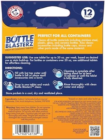 Arm & Hammer Bottle Blasterz - Drop-In Cleaning Tablets - Perfect for Water Bottles, Tumblers, and Coolers - All-Natural Ingredients, Eliminates Odors, Fast-Acting, Individually Packed (12 Count) - Image 2
