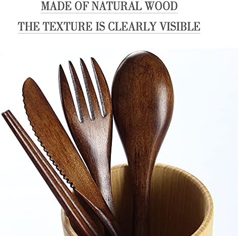 Portable Wooden Cutlery Set for Travel and Camping - 4 Piece Set With Reusable Wooden Spoon, Fork, Knife and Chopsticks - Image 3