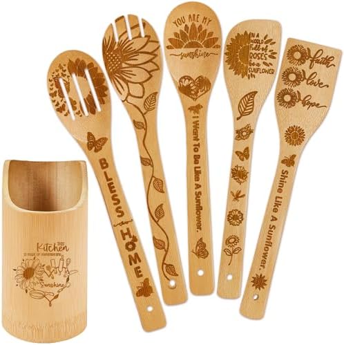 6 PCS Sunflower Wooden Spoons Set for Kitchen Decor,Sunflower Gift with Utensil Holder for Women Cooking,Sun Flower Stuff for Home Decorations,Girasol Theme Gift Ideas for Housewarming,Mothers Day by DudjotcHome
