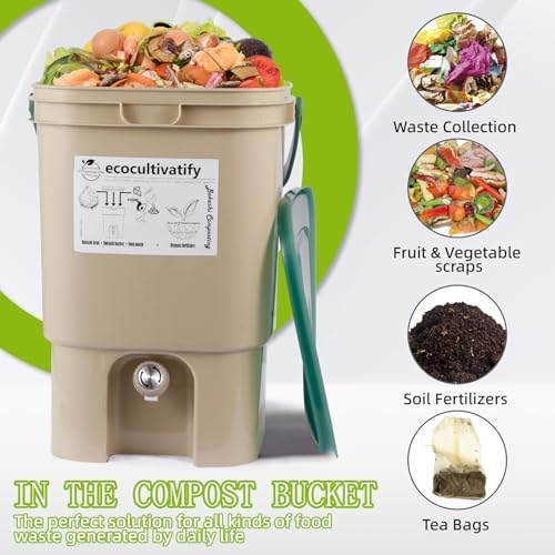 20L Bokashi Compost Bin, 5.28 Gallon Compost Bin for Kitchen Composter with Lid, Bokashi Start Kit with Bran (Tan & Dark Green) (20L/5.28GAL Tan & Dark Green) - Image 5