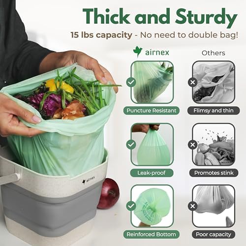 AIRNEX Compostable Trash Bags & Charcoal Filters for Compost Bucket Value Pack for Clean & Odorless Composting - 50 Pcs Compostable Trash Bags Small 1.6 Gal & 3 Pcs Compost Bin Filters Charcoal 3.5" - Image 6