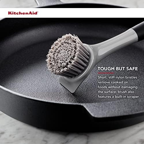 Kitchenaid Cast Iron Sink Brush to Preserve Seasoning on Cast Iron and Grills, Nylon Bristles and Soft Touch Handle for Optimal Control, Dishwasher Safe, Black and Gray - Image 4