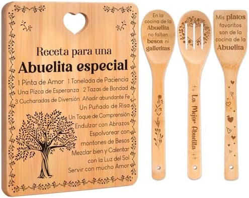 Regalos de cumpleaños para Abuelita - "Receta para una Abuelita especial". Juego de tablas de cortar y utensilios de bambú grabados. Regalos de cumpleaños para Abuelita. Spanish Grandma Cutting Board by Apjielop-GiftsMaster