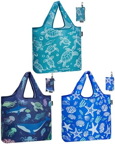 HOLYLUCK Reusable Grocery Bags,Heavy Duty Foldable Shopping Tote Bag (Standard, 3 Ocean Life) by holyluck