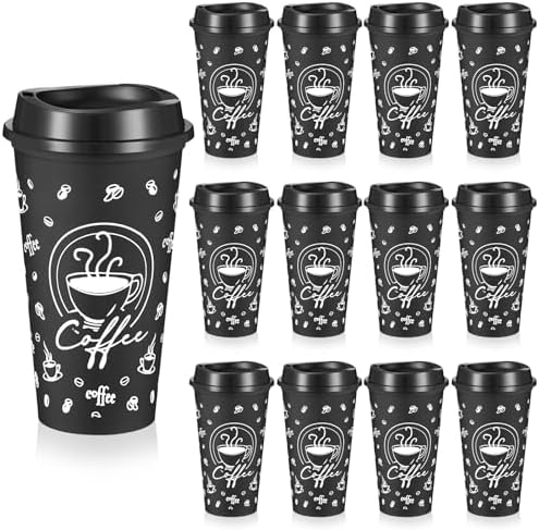 12 Sets Reusable Coffee Cups with Lids, 16oz, Black by Skybooly
