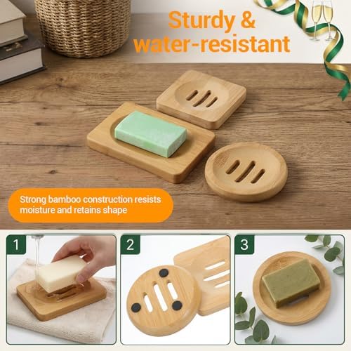 3PCS Bamboo Soap Holder Wooden Soap Dishes for Bathroom, Natural Soaps Dish Self-Draining Bar Soaps Holder Set (Round, Square, Rectangle) for Shower, Sink, Bathtub, and Home Accessories - Image 7