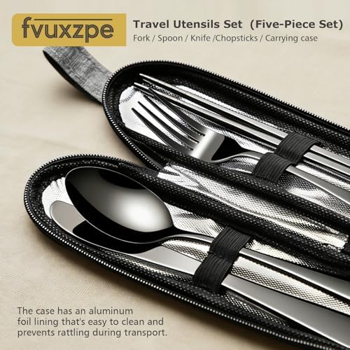 Matte Black 5-Piece Stainless Steel Travel Utensil Set with Waterproof Case, Reusable Portable Flatware Includes Knife, Fork, Spoon, Chopsticks for Camping, Office, Picnic & Daily Use - Image 2
