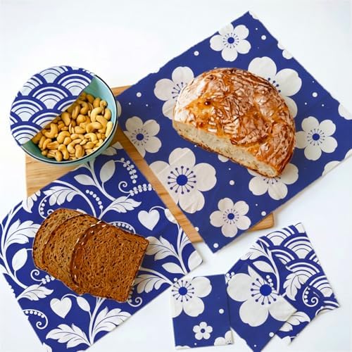 Reusable Beeswax Wraps, Indigo Blue Floral Wave and Leaf Wraps, 9 Pack Sandwich Bowl Bread Food Storage, Organic Sustainable Zero Waste Plastic-Free, 1XL, 3M, 5S - Image 4