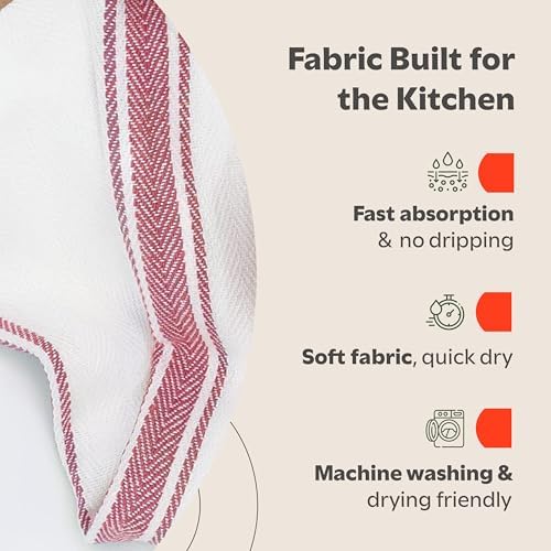 Zeppoli Classic Kitchen Towels -15 Pack 100% Natural Cotton Towel Set, Reusable Wash Cloths, Absorbent Dish Towels, Machine Washable Hand Towels, Kitchen Essentials - 14" by 25 - Red Striped - Image 4