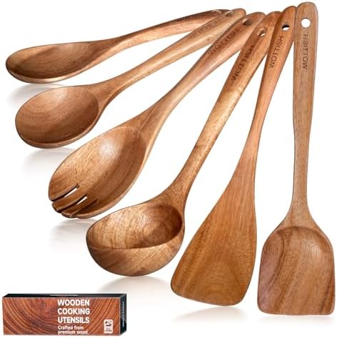 Wooden Spoons - Wooden Spoons for Cooking,Natural Wooden Kitchen Utensils Set Non Toxic,6-Piece Wooden Cooking Utensils(A06) by WOTTISH