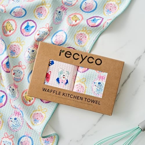 RECYCO Waffle Kitchen Towel Set of 2 - Quick Dry Microfiber Sustainable Dish Towels - Ultra Absorbent Reusable Cleaning Tea Towels - Lightweight Hand Towels,16”x 28”, Puppy Joy - Image 7