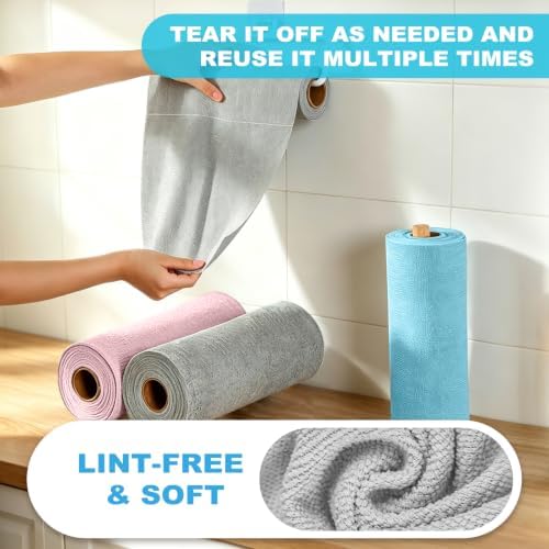Puomue 165 Pack Microfiber Cleaning Cloth Roll, Tear Away Reusable Towels, 11" X 9", Ultra Absorbent & Lint Free Microfiber Cloth for Cleaning, Kitchen, Window (Grey＋Pink＋Blue, 11" L x 9" W) - Image 4