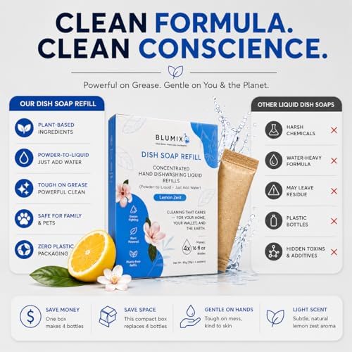 Dish Soap Refill Powder-to-Liquid Concentrate, Just Add Cool Water, Lemon Scent, 4 Packets Make 4 x 16 fl oz Bottles, Grease-Fighting, Plastic-Free (Lemon Scent) - Image 4
