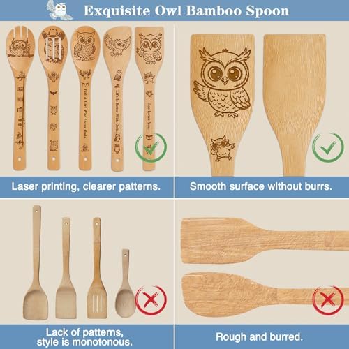 Owl Kitchen Decor Bamboo Wooden Spoons With Utensil Holder,Owl Kitchen Accessories for Cooking-Home Decorations Gifts for Women-Housewarming,Birthday,Mothers Day(6PCS） (Owl) - Image 3