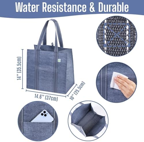 VENO 4 Pack Reusable Grocery Bags, Heavy-Duty Shopping Bags with Handles, Bags for Shopping Cart with Hard Bottom to Stand Upright, Foldable, Multi-Purpose(Gray, 4 Pack) - Image 3