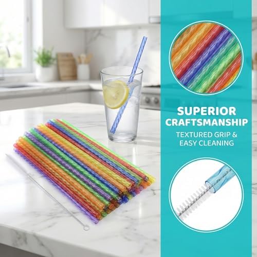 Reusable Drinking Straws 100 Pack, Assorted Color Plastic Straws, 9 Inch, Easy Clean with Brush, Durable & Dishwasher Safe for Cold Drinks & Kids - Image 2