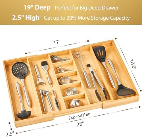 Umilife Extra Large Expandable Kitchen Drawer Organizer for Utensil and Junk, 19" Deep for Big Drawer, 17" to 28" Adjustable Bamboo Wood Drawer Divider, Cutlery Tray, Flatware Holder - Image 2