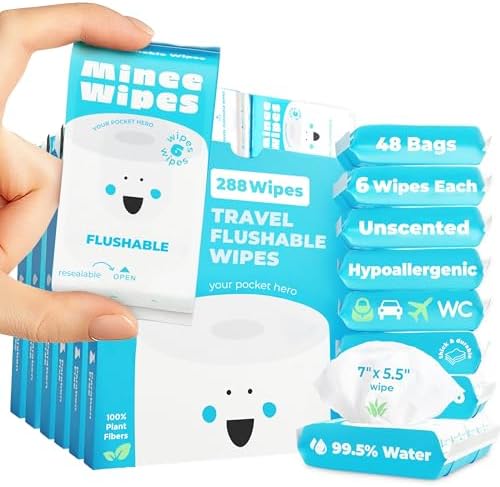 Impossibly Compact Travel Flushable Wipes - 99.5% Water and Aloe - Safe for Sensitive Skin & Hypoallergenic - Travel Essentials for Adults & Kids, Unscented, 48 Pack 288 Wipes by MINEEWIPES