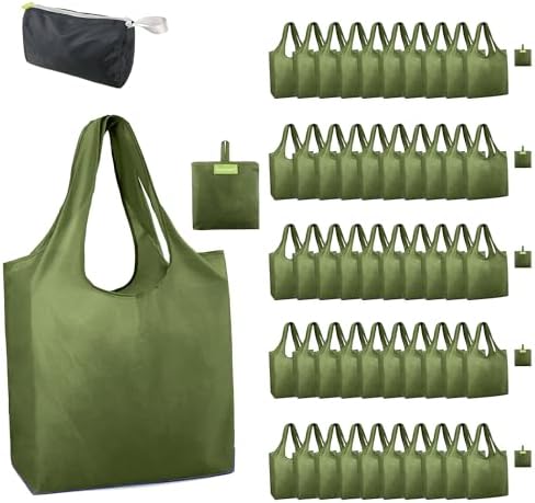 BeeGreen Green Reusable Grocery Bags Wholesale Moss Green Reusable Kitchen Bags Bulk Foldable-Machine Washable with Zipper Storage Pouch 50 Packs by BeeGreen