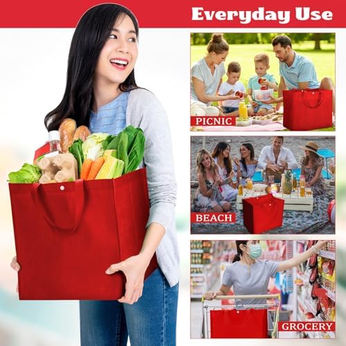 Zhehao 60 Pcs Reusable Grocery Bags Bulk Large Foldable Shopping Tote Bags Non Woven with Handle and Plastic Button(Red) - Image 6