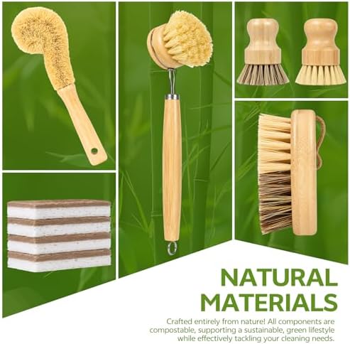 GREENTH PRO 9-Piece Bamboo Dish Brush Set with Natural Coconut Sponges - Image 6