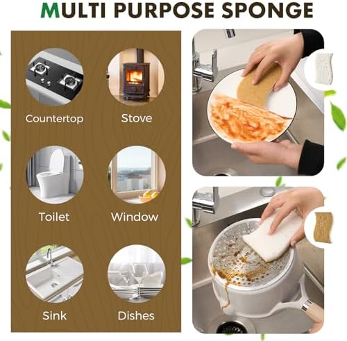 COBETE 12 Pack Natural Biodegradable Kitchen Non Scratch Sponges,Compostable Plant Based Coconut Cellulose Sponge,Eco Friendly Reusable Dish Scrubber Sponge for Pots, Pans & Household Cleaning - Image 5