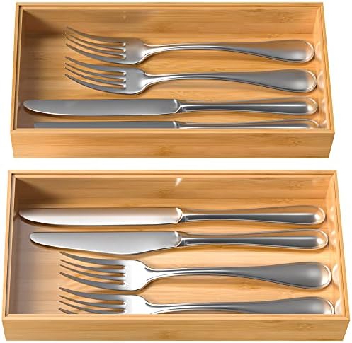 VeyFey Silverware Tray for Drawer, Stackable Kitchen Bamboo Drawer Organizer 12" x 6" x 2" Set of 2 - Image 7