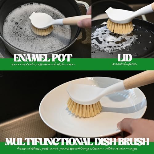 Dish Brush with Handle Wood Built-in Scraper, Scrub Brush for Pans, Pots, Saucepan, Kitchen Brushes for Sink and Stove, Yellow - Image 3