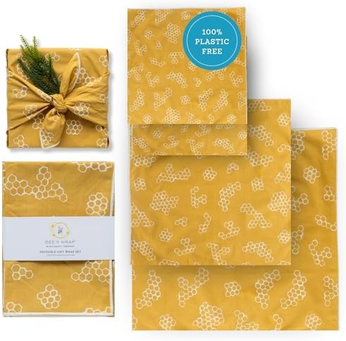 Bee's Wrap Furoshiki Gift Wrap, 4 Pack - Mustard Honeycomb by BeesWrap