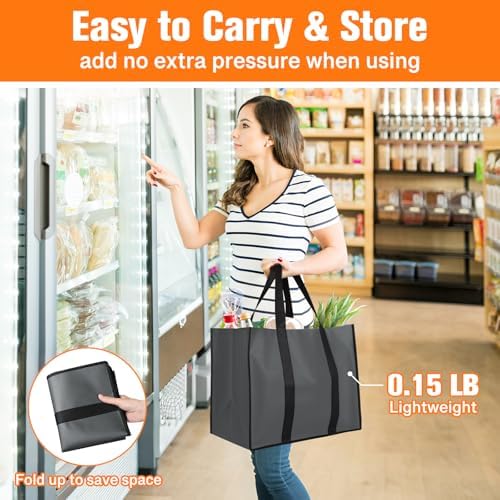 WISELIFE Reusable Grocery Bags with Handles, Foldable, 35L, 8 Pack, Gray - Image 6