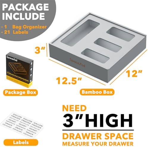 SpaceAid Bag Storage Organizer for Kitchen Drawer, Bamboo Organizer, Compatible with Gallon, Quart, Sandwich and Snack Variety Size Bag (1 Box 4 Slots), Gray - Image 3