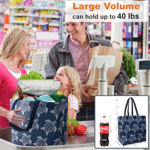 BeeGreen Sea Turtle Reusable Shopping Bags For Groceries 6 Pack- Large Foldable Tote Bags- Strong Handles for Heavy Groceries, Perfect for Supermarket, Farmers Market, and Storage Organization - Image 5