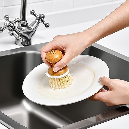 Bamboo Dish Brush,Sisal Brush with Scraper,2 Pack with Ceramic Holder - Image 6