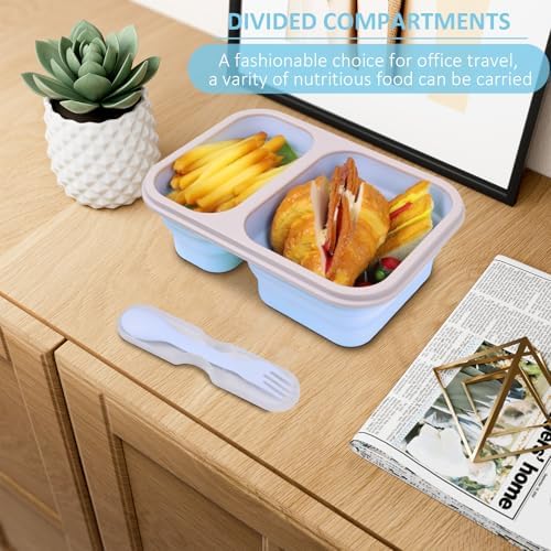 2 Pack Collapsible Silicone Lunch Box Set, 2 Compartments Bento Boxes with Lids, Food Storage Containers for Meal Prep, Office, Travel, Camping, BPA Free(Blue+Green) - Image 6