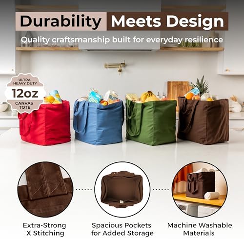 VeraMia Canvas Grocery Bag 3pc XL Set with Real Pockets, Long Shoulder Strap and Short Handle. Heavy Duty, Foldable, Washable - Image 4