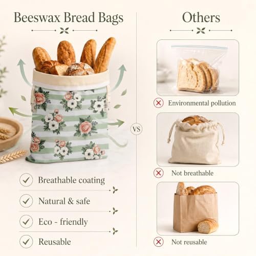 Britimes Reusable Bread Bags Set, Beeswax, XL, Zero Waste, Floral Clover - Image 5