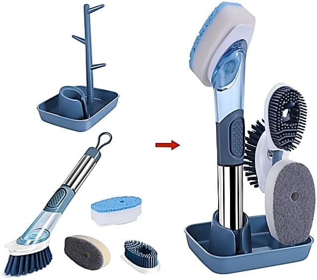 Soap-Dispensing Dish Washing Brush Set – Includes 4 Replaceable Heads & Stylish Storage Stand – Effortless Scrubbing for Dishes, Pots, Pans & Sinks - Image 3