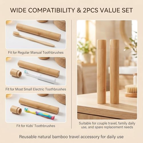2 Pcs Natural Bamboo Toothbrush Storage Holder Empty Reusable Portable Toothbrush Case with Cover Personal Cleaning Tools Container Organizer Tube for Travel Trip - Image 5