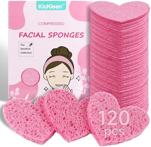 120-Count Kickleen Compressed Cellulose Heart Shape Facial Sponges,Pink by KICKLEEN