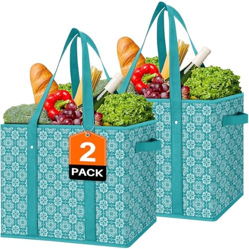 Reusable Grocery Bags 2 Pack, Foldable & Water Resistant Shopping Bags by WiseLife