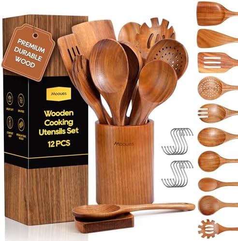Wooden Spoons for Cooking 12PCS Teak Wooden Kitchen Utensil Set by Mooues