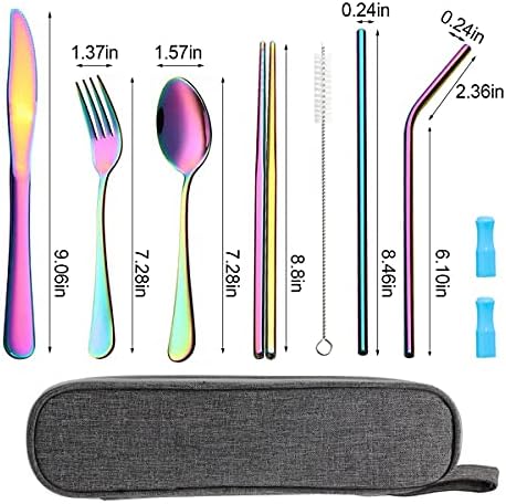 Travel Utensils Set with Case Reusable Portable Cutlery Set Stainless Steel 8pcs Including Dinner Knife Fork Spoon Chopsticks Straws(Rainbow) - Image 3