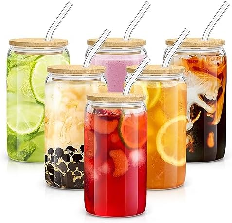 Glass Cups with Lids and Straws - 16 oz Glass Drinking Cups Set for Coffee by sungwoo
