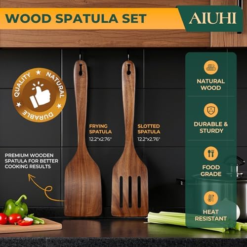 AIUHI Teak Wood Spatula for Cooking, Durable Flat Turner and Slotted Spatula for Nonstick Cookware, Long Handle Natural Wooden Cooking Utensils 2 Pieces - Image 4