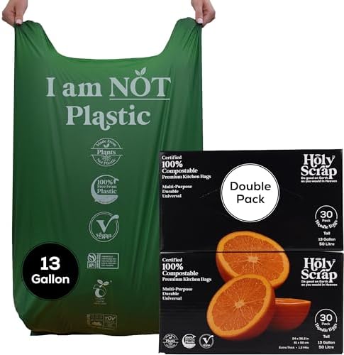Extra Large Compostable Trash Bags - 13 Gallon, 60 Pack | Plastic-Free & Decomposing Tall Kitchen Garbage Bags & Liners with Easy-Tie Handles | Thick Bin Bags for Green & Food Waste by HolyScrap